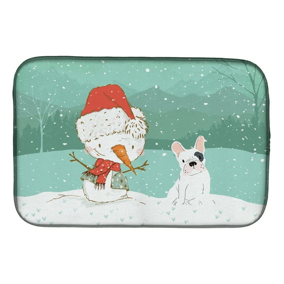 Piebald French Bulldog Snowman Christmas Dish Drying Mat