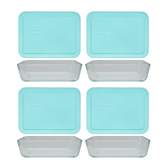 Pyrex (4) 7210 3-Cup Glass Dishes & (4) 7210-PC Sun Bleached Turquoise Lids
