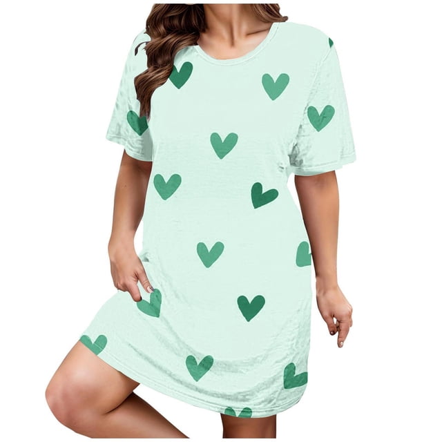 Kelon Chemises de Nuit et Robes de Nuit pour Femmes Grande Taille Robe de Nuit Décontractée pour Femmes Grande Taille Imprimé Cœur Manches Courtes Col Rond Extensible Moyen Ample Robe de Nuit Saint-Valentin