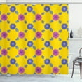 thumbnail image 1 of Aster Shower Curtain, Symmetrical Mosaic Pattern of Flowers on a Yellow Background, Fabric Bathroom Set with Hooks, 69W X 70L Inches, Dark Magenta Violet Blue Yellow, by Ambesonne, 1 of 3