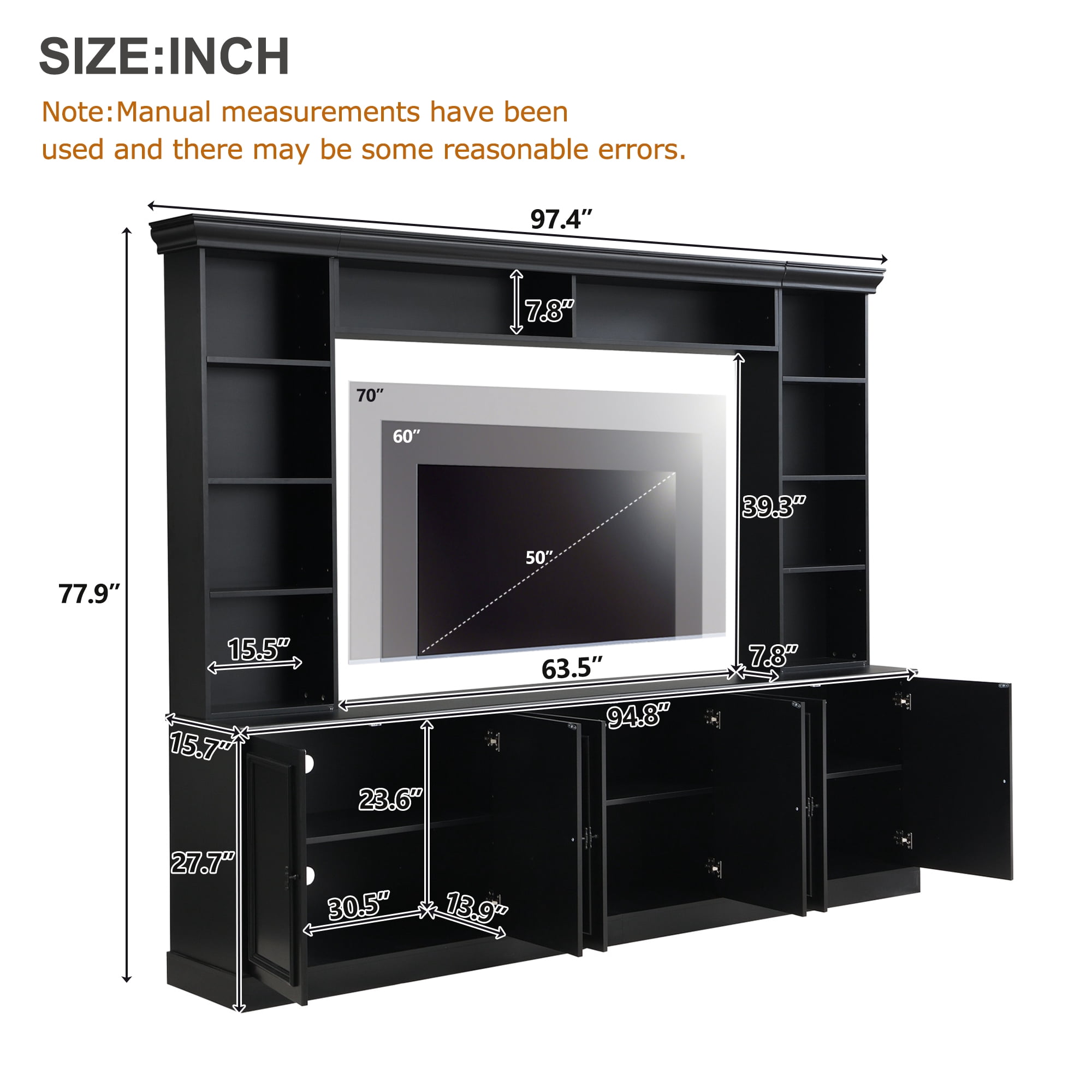 EUROCO 97.4"W Elegant 4-Piece Wall Unit Entertainment Center with Bookshelf for TVs Up to 70", Versatile TV Stand with Adjustable Shelf, Mid-Century Media Console for Living Room
