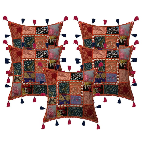 Stylo Culture Indian Settee Sofa Throw Pillow Covers Patchwork 16 x 16 Embroidered Cowrie Sea Shell Tassels Orange Boho Hippy 40 x 40 cm Living Room Cotton Floral Square Cushion Covers | Set Of 5
