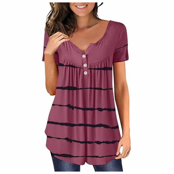 IROINNID Women's Printed Round Neck Pleated Short Sleeve Loose Tunic Tops