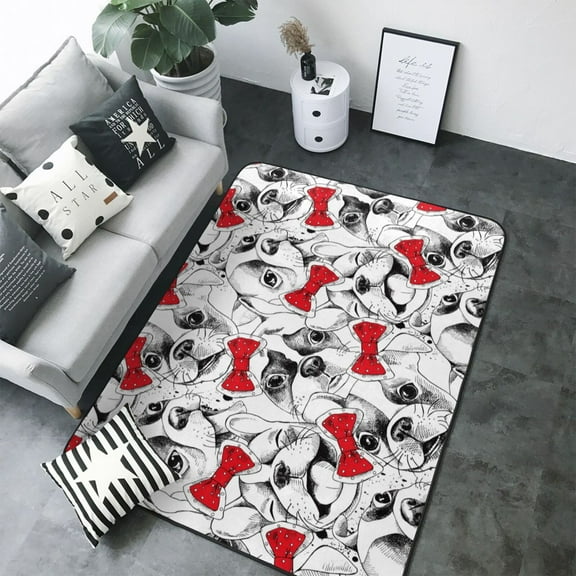 Area Rugs For Living Room Decor - Cut French Bulldog Red Bow Tie Soft Anti Slip Throw Washable Rugs 5x7 For Bedroom, Indoor Carpet For Bedroom Living Room 80x58In