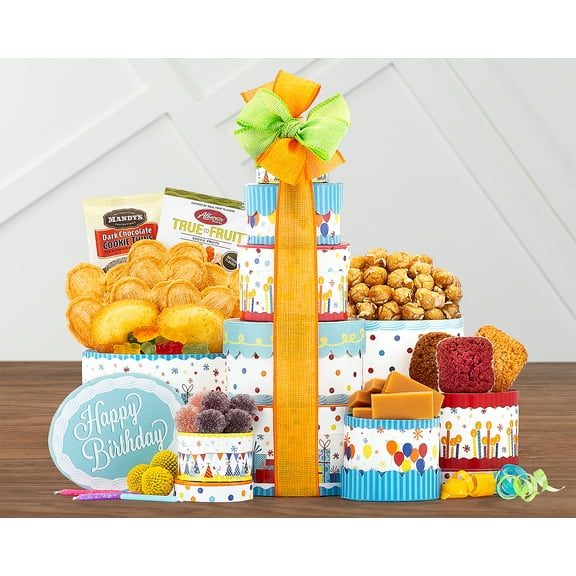 Wine Country Gift Baskets, Make a Wish Gift Tower Gourmet Birthday Snacks Cakes
