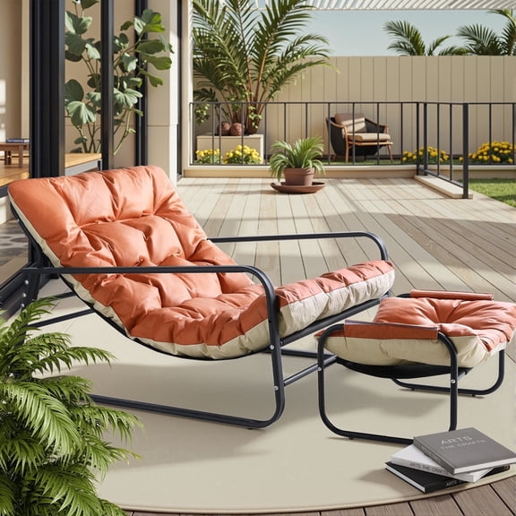 HomeMiYN Outdoor Lounge Chair with Ottoman, Patio Oversized Comfy Sling Recliner Chair, Extra Thick Puffy Cushion with Support 500lbs, Modern Outdoor Furniture for Poolside, Backyard, Orange/Beige