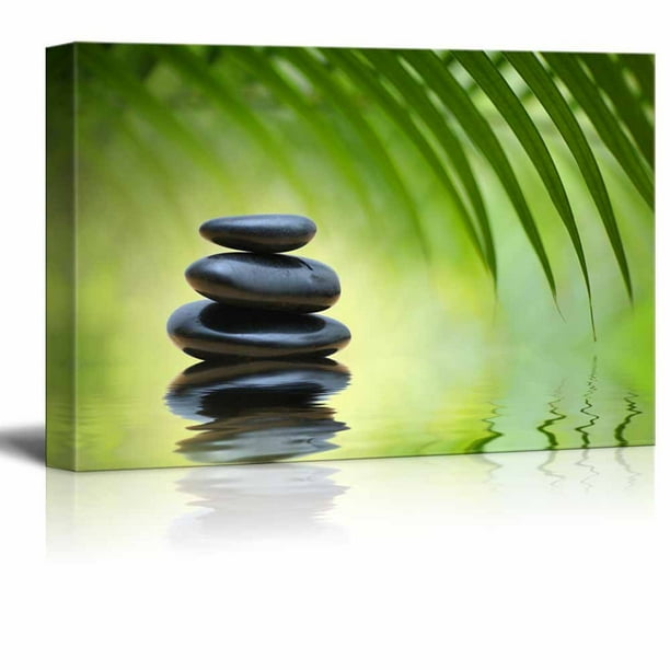 Wall26 Canvas Prints Wall Art Green Bamboo Leaves Over Zen Stones Pyramid Reflecting In Water Surface