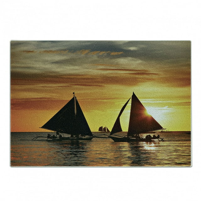 Sailboat Cutting Board, Sailing to Sunset Boracay Island Evening Vacation Romantic Water Sports, Decorative Tempered Glass Cutting and Serving Board, Small Size, Marigold Dark Orange, by Ambesonne