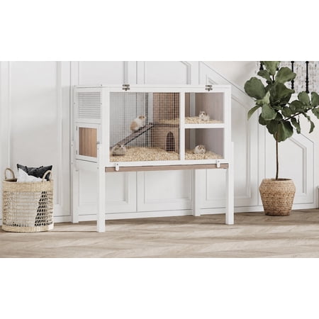 38" 2-Story Wooden Rabbit Hutch with Stand, Indoor Guinea Pig Cage Featuring Ramp, Hideout, Lockable Door & Leak-Proof Pull-Out Tray, Clear View Small Animal Habitat for Bunny Hamster