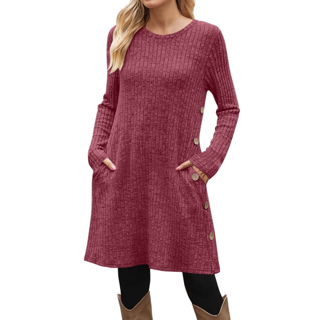 Pincandy Robe Tunique d'Automne et d'Hiver avec Poches, Manches Longues, Col Rond, Boutons Latéraux