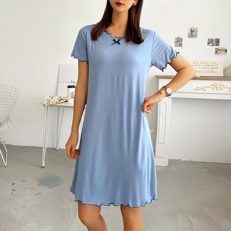 Sakmal Modal House Dress for Women Blue Cute with Padded Soft Loungewear Short Short Sleeve Solid V-Neck Nightgowns M-2xl, Women's, Size: Large