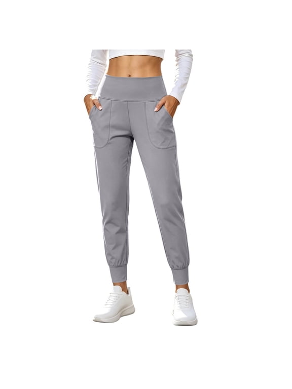 Women HighWaist Stretchy Jogger Pants With Side Patch Pockets, Cuffed Ankle Sport Trousers For Yoga, Walking And Outdoor Workout Gray L