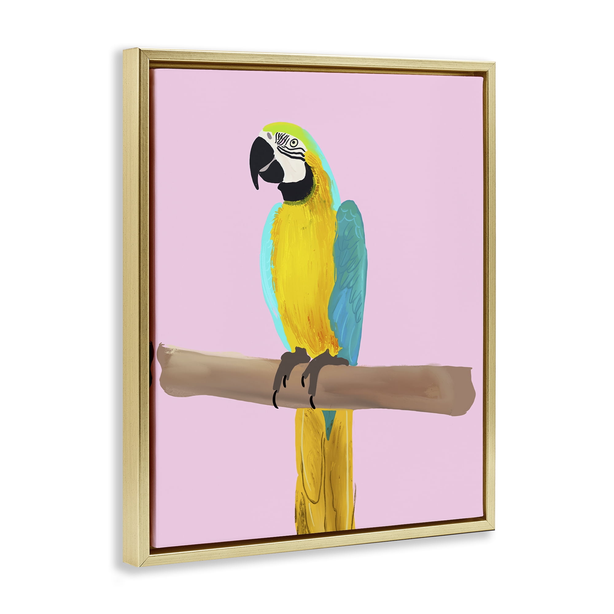 Stupell Industries Bright Parrot on Pink Animals Painting Gold Floater Framed Canvas Art Print Wall Art, 17 x 21