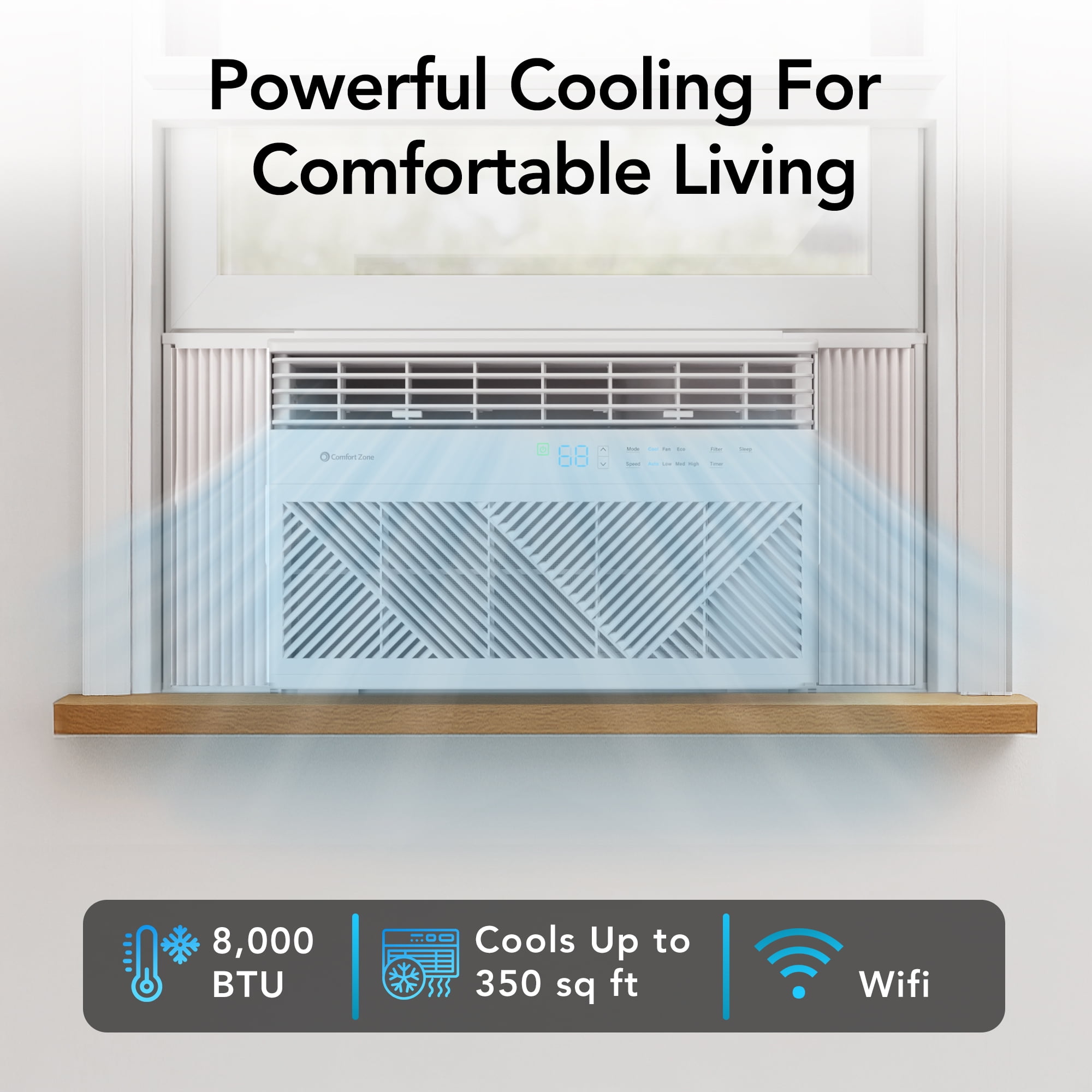 Comfort Zone 8,000 BTU Window Air Conditioner, Smart Wi-Fi Enabled, 4-Speed Settings, ECO Mode & Remote, White