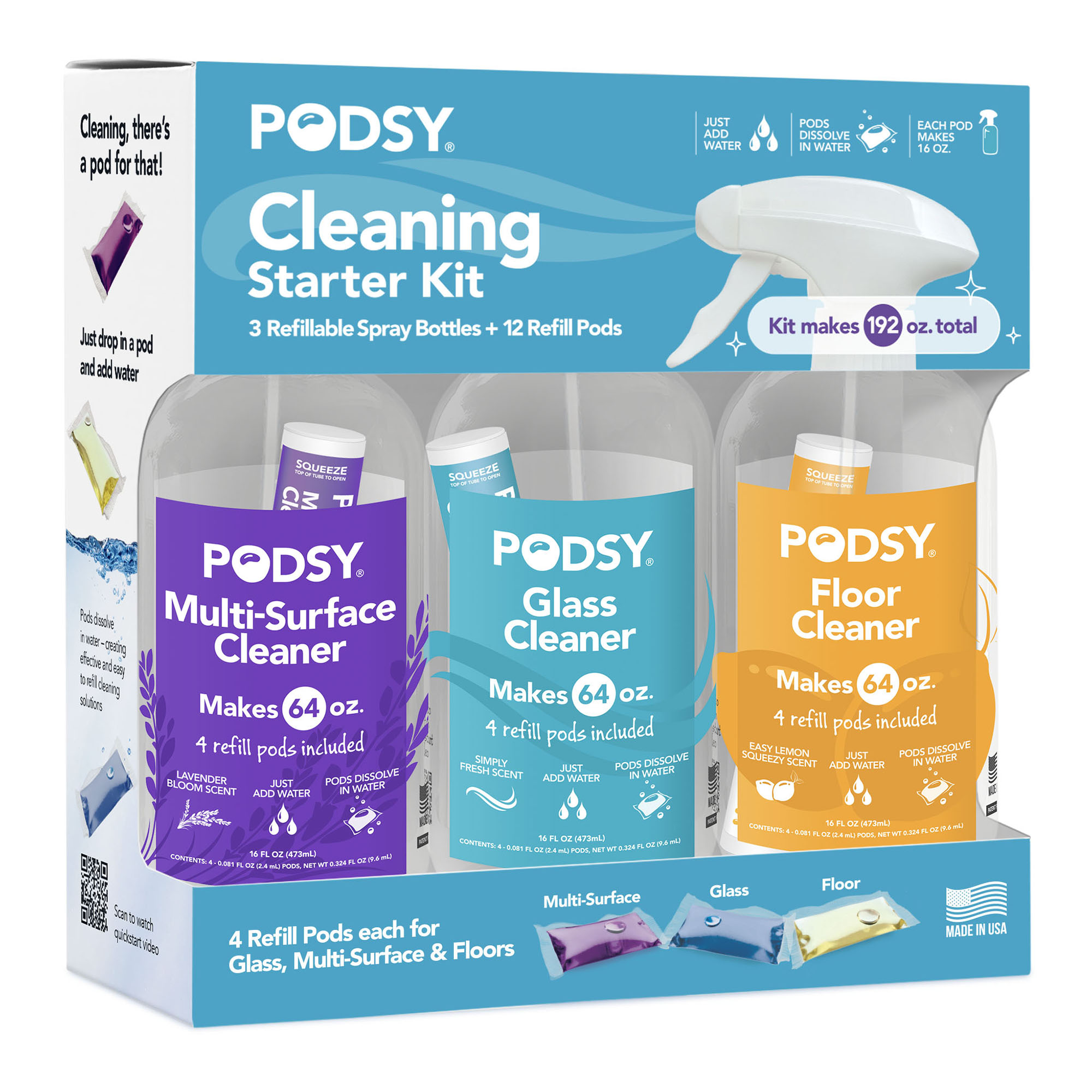Podsy Cleaning Starter Kit-3 Refillable Spray Bottles for Multi-Surface, Glass & Floor Cleanings. 4 Cleaning Refill Pods in Child-Resistant Tube in