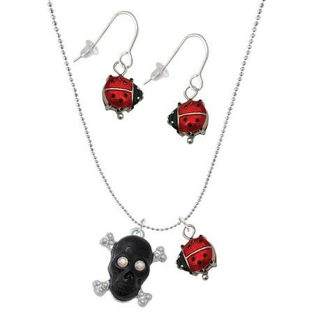 Delight Jewelry Silvertone Large Black Resin Skull with AB Crystals Red Lucky Ladybug Necklace and Dangle Earrings Set Delight Jewelry Silvertone Large Black Resin Skull with AB Crystals Red Lucky Ladybug Necklace and Dangle Earrings Set