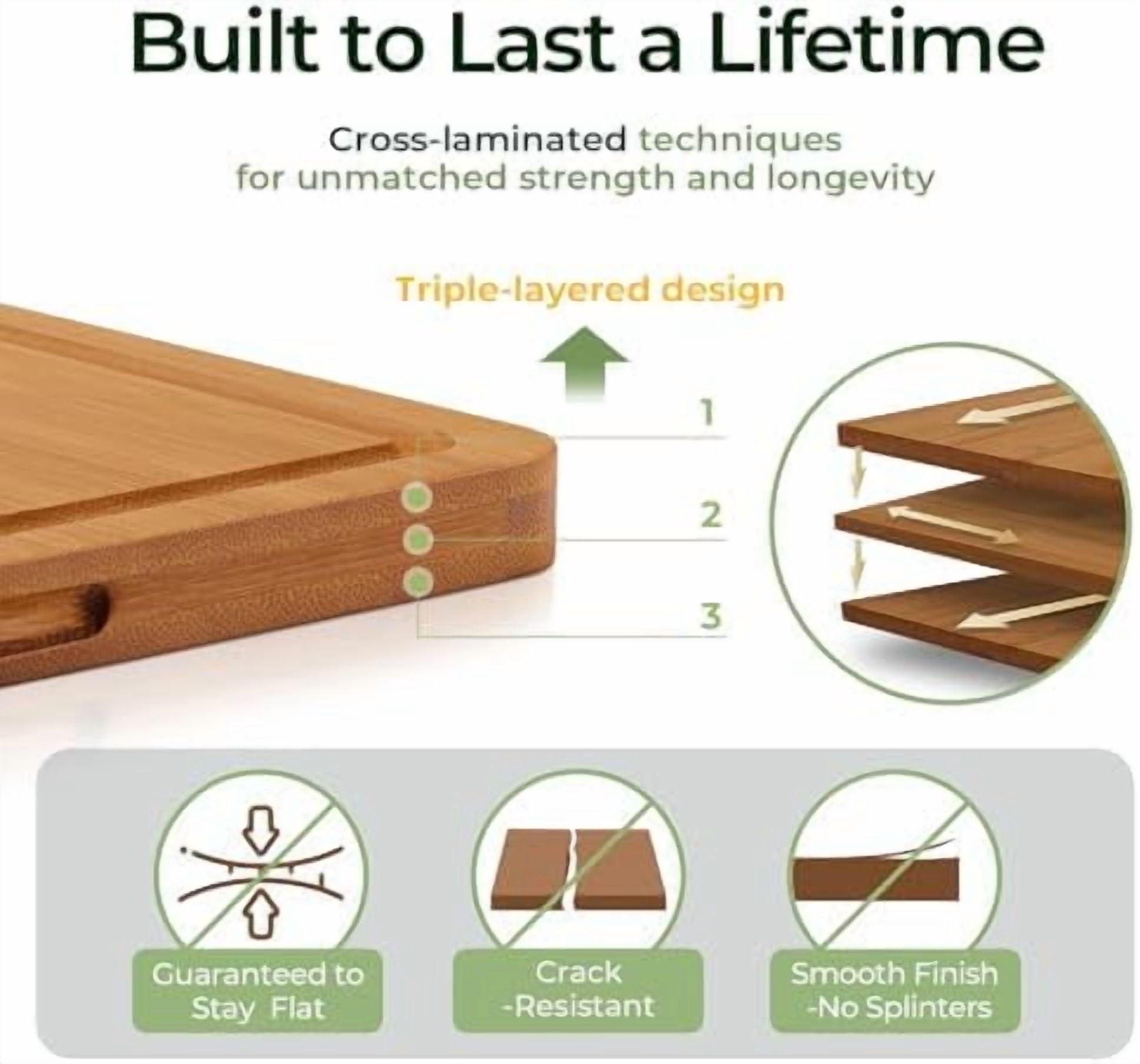Bamboo Cutting Board, Durable Wood Cutting Boards for Kitchen with Deep Juice Grooves & Built-in Handles, Ideal Charcuterie & Chopping for Meat, Vegetables and Fruits Ideal Kitchen Gifts