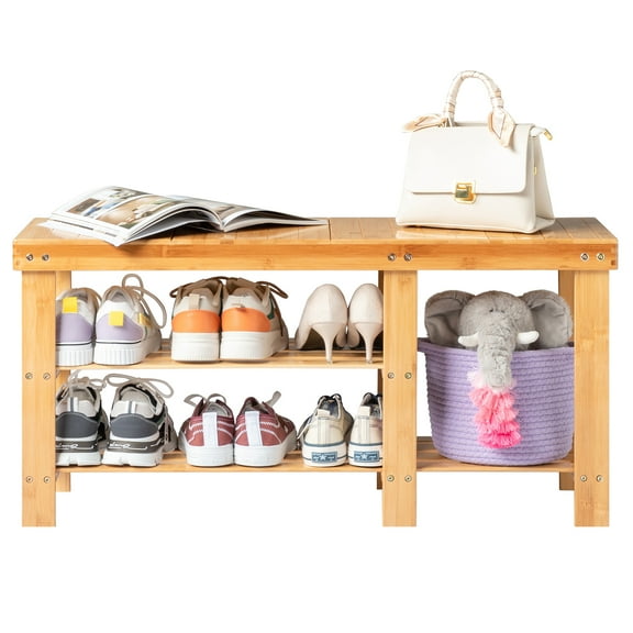 Ktaxon 100% Natural Bamboo Entryway Storage Bench Hallway Shoe Bench with 3-Tier Shoe Shelf Rack Storage Organizer 35.5" L x 11"W x 17.7"H