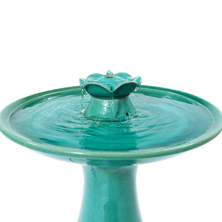 【新作】 Fontaine Birdie LuxenHome Aqua Glazed Ceramic 22-In Tall Birdbath Fountain