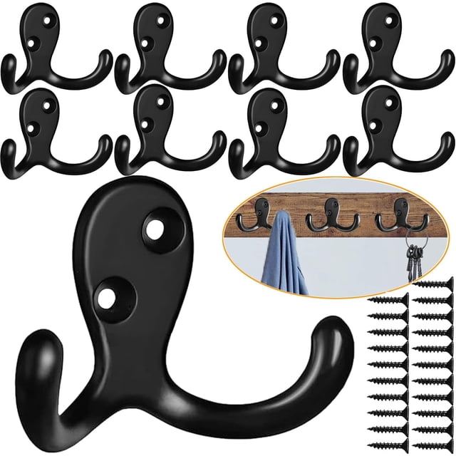 Ganchos para abrigos, 10 piezas de ganchos de pared resistentes para colgar abrigos, sin óxido, ganchos dobles para batas montados en la pared para llaves, toallas, bolsos, tazas, sombreros (negro)