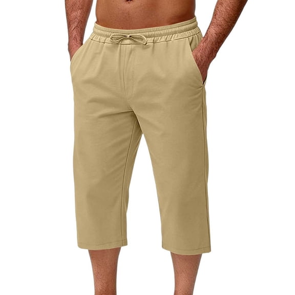 Yertdoel Men's Shorts Solid Color Elastic Waist Drawstring Below Knee Casual 3/4 Shorts with Pockets Soft Lightweight Breathable Outdoor Workout Running Summer Casual Shorts