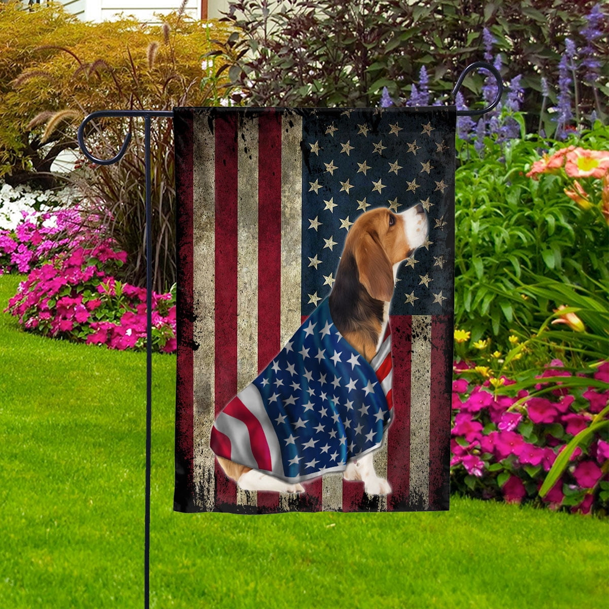 American Flag with Beagle Dog stand under the cross Patriot Patriotic 4th of july House Flag, Double-Sided Decorative Outdoor Flag, Patriotic Polyester Yard Flag 29.5 x 39.5 in