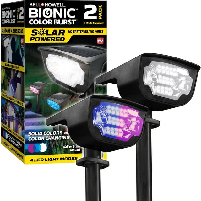 Two Bell + Howell Bionic Color Burst solar-powered outdoor LED pathway lights in black, showing white and blue-purple light modes, with packaging highlighting 2-pack, no batteries needed, and four LED light modes.