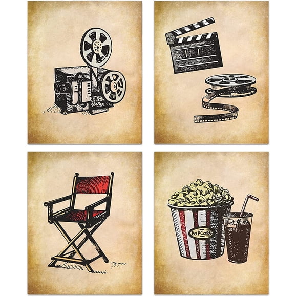 Vintage Movie Theater Wall Art, Home Theatre Feature Canvas Decor, Classic Film Reel Cinema Popcorn Posters, Retro Home Movie Theater Media Room Bar Pub House Decoration, Set of 4-(8"x10" Unframed)