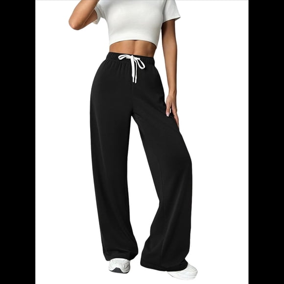Pantalones Deportivos Holgados de Cintura Alta con Cordón Ajustable para Mujer, Pantalones Deportivos de Pierna y Bolsillos Negro M