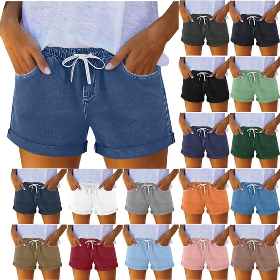 QIUOMBBP Womens Denim Shorts Elastic Waist Rolled Hem Wide Leg Jean Short with Pockets Summer Business Casual Clothing Blue L