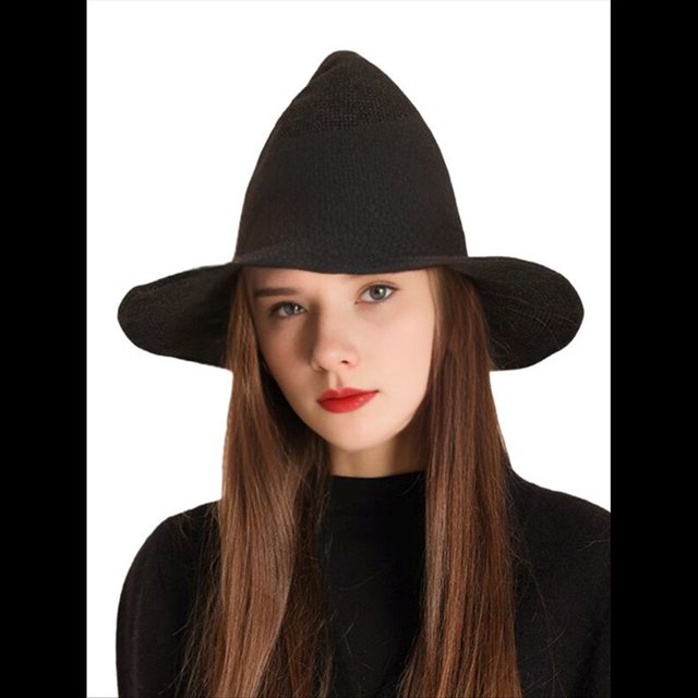 Sombrero de de Lana para Mujer, de Ala , Tejido A Mano, Ideal para Decorar Fiestas de Halloween. Negro M