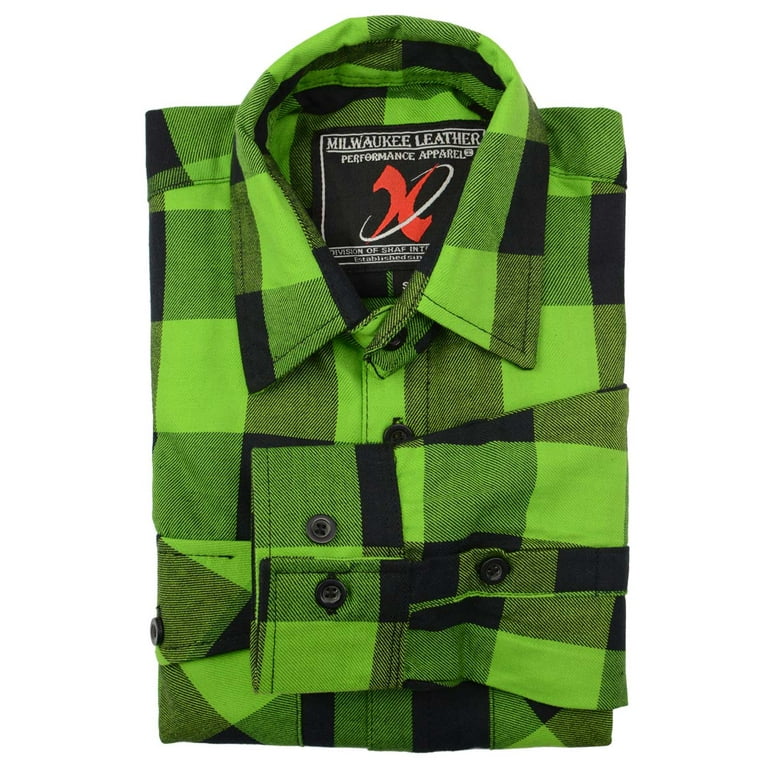 Milwaukee Leather Men's Flannel Plaid Shirt Black and Neon-Green 
