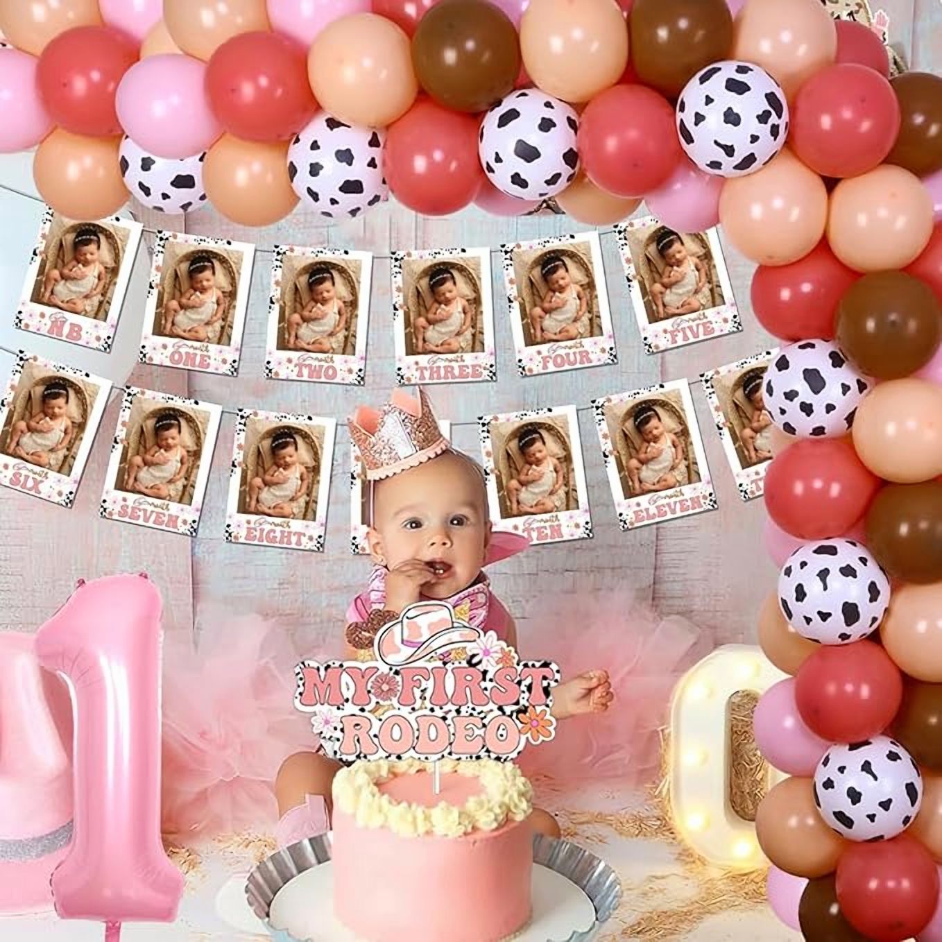 My First Rodeo Birthday decor Pink for Girls Western Cowgirl 1st Birthday High Chair Banner Groovy Monthly Photo Banner Cake Topper Balloon Garland Arch Kit for Girls 1st Birthday Party Supplies