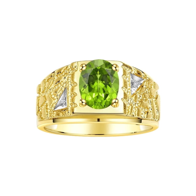 RYLOS Men's Rings 14K Yellow Gold Designer Nugget Ring Oval 9X7MM Gemstone & Diamonds Peridot August Birthstone Rings For Man Size 10