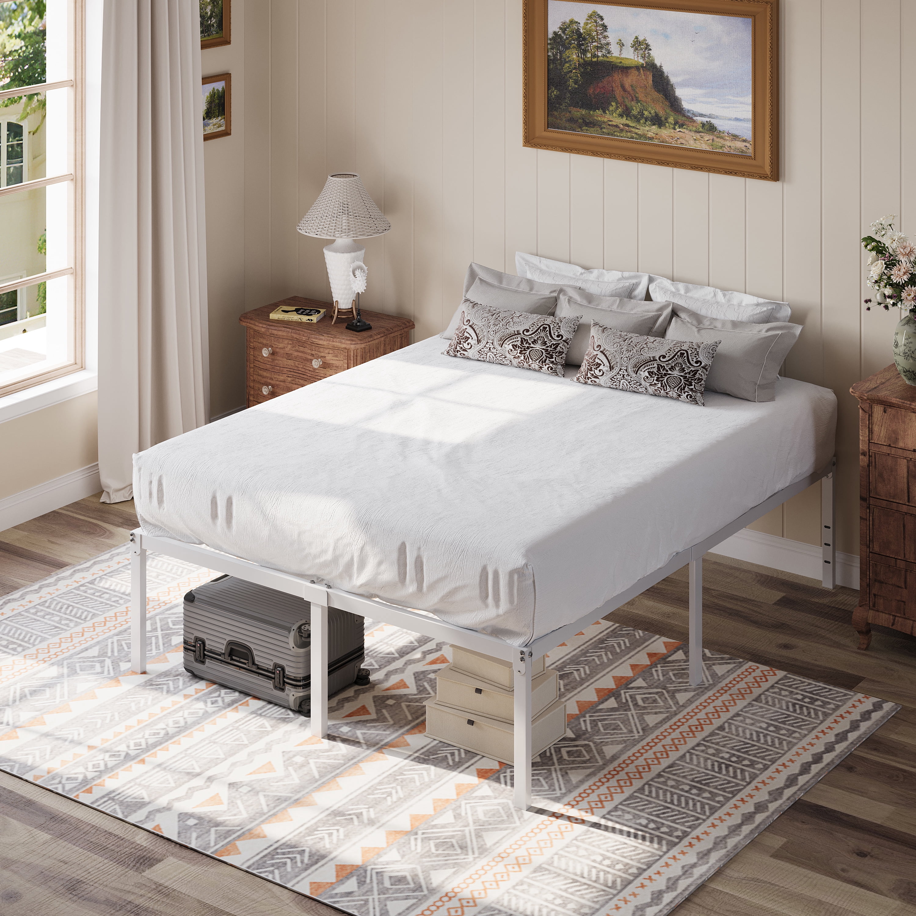 Einfach Queen Bed Frame, 18'' Metal Platform Bed with 16.6'' Under-Bed Storage Space, Heavy Duty, No Box Spring Needed, White
