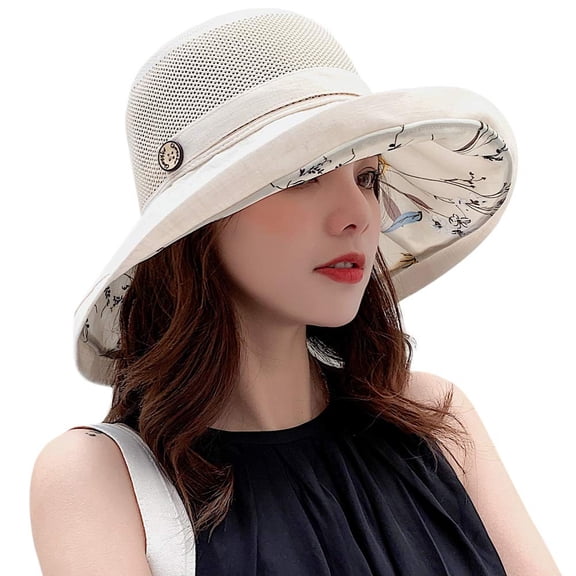 Women Wide Brim Sun Hats Metal Wired Edge Summer UV Protection Beach Fishing Hat for Hiking Garden Travel Chin Strap White