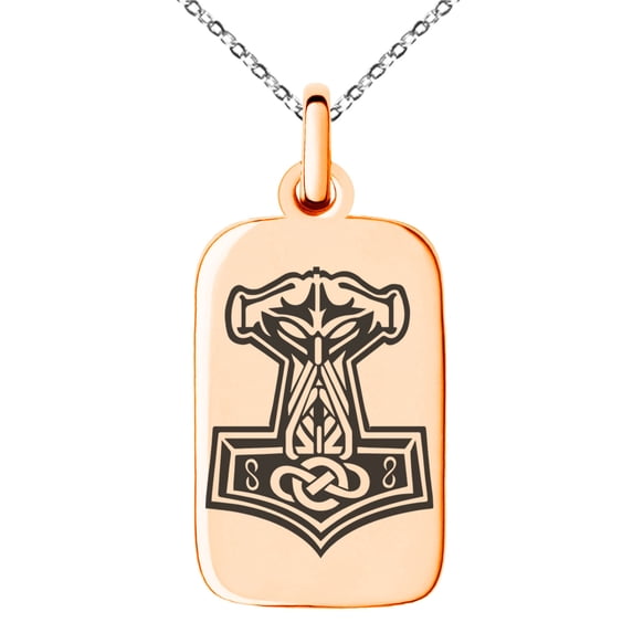 Stainless Steel Mjolnir Thor's Hammer Viking Norse Engraved Small Rectangle Dog Tag Charm Pendant Necklace