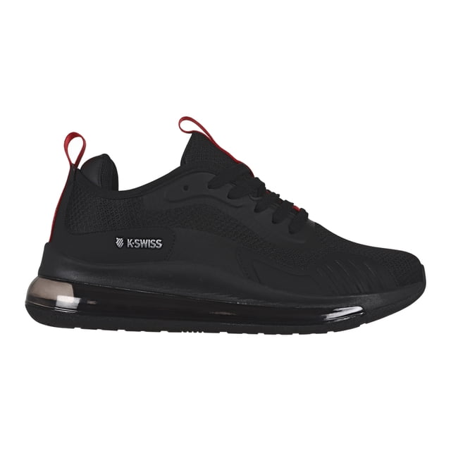 tenis k-swiss nervo negro, vista lateral derecha en perfil. Tejido mesh transpirable, soporte en talón con tirador rojo y cordones negros, logotipo K-Swiss en costado, suela antiderrapante con cápsula visible para amortiguación y plantilla Cushión Comfort; apto para caminar diario y a menudo usado como opción ligera para viajes cortos.