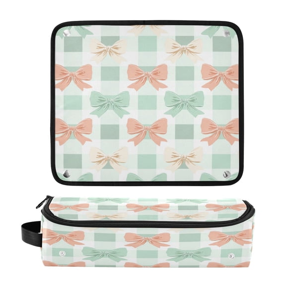 Hair Tools Travel Bag Heat-Resistant Curling Iron Organizer Bag with Detachable Heatproof Mat Travel Storage Case Green and Peach Bow Pattern
