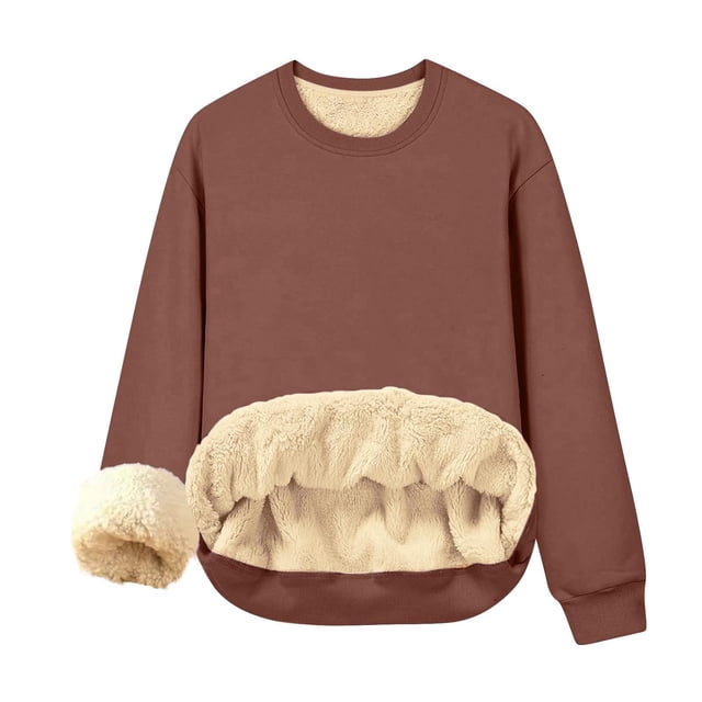 Qucoqpe - Camiseta de manga larga con cuello redondo para mujer, sudadera cálida de invierno con forro polar, blusa informal de color liso, blusas, blusas, café, talla L