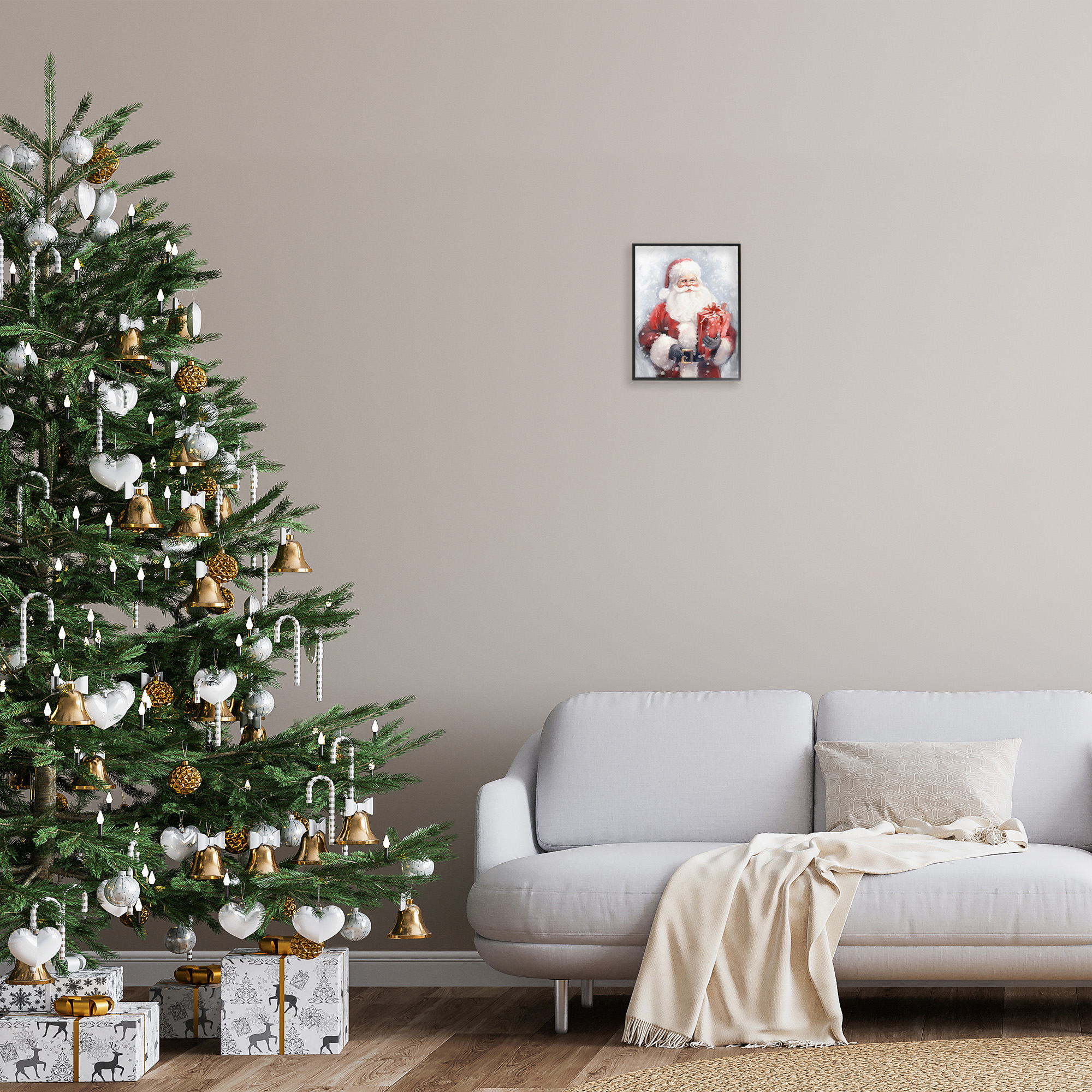 Stupell Industries Santa with Red Gift Holiday Painting Black Framed Art Print Wall Art, 11 x 14