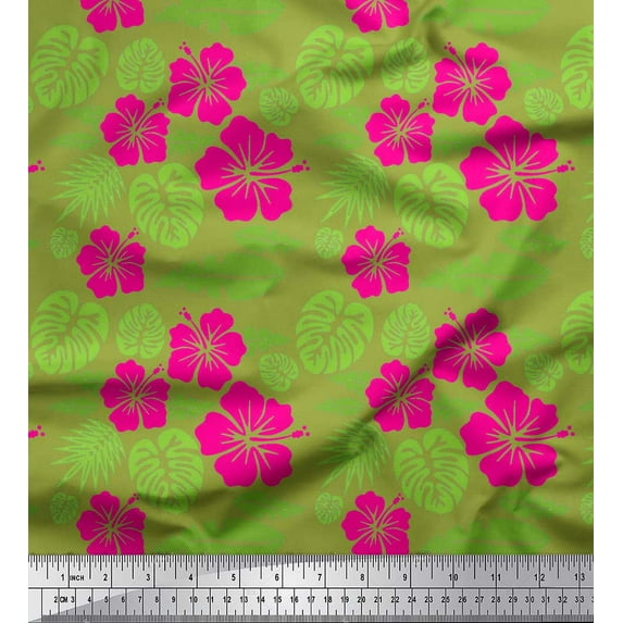 Soimoi Green Cotton Voile Fabric Monstera Leaf & Floral Printed Fabric 1 Yard 56 Inch Wide