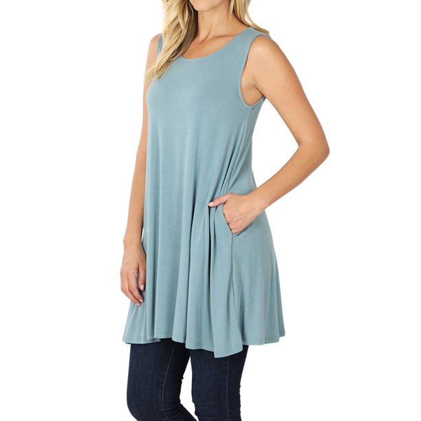 TheLovely - Women Round Neck Sleeveless Flowy Tunic Top with Side ...