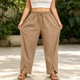 thumbnail image 4 of Favoffer Women's Plus Size Linen Pants Solid Color Drawstring Elastic Waist Pocket Side Slit Loose Long Trousers Breathable Summer Bottom for Outdoor, 4 of 7