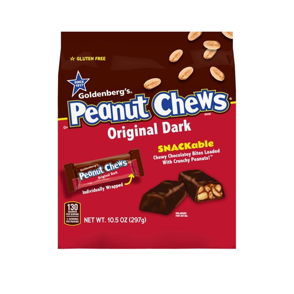 Goldenberg's Peanut Chews Original Dark Chocolate Chewy Candy, Contains Peanuts and Soy, 10.5 Ounce Bag