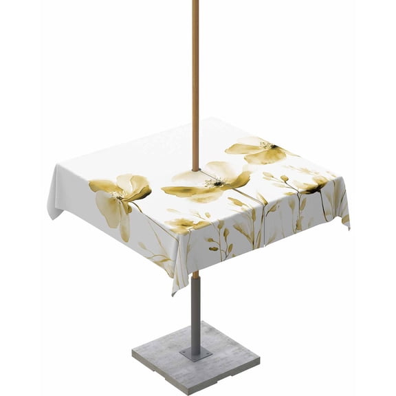 Boanket Outdoor Tablecloth with Umbrella Hole for Patio/Picnic/Party/Camping, Yellow Flowers Waterproof Table Cloth Square Cover Washable, Watercolor Vintage White Floral Leaves (54"x 54")