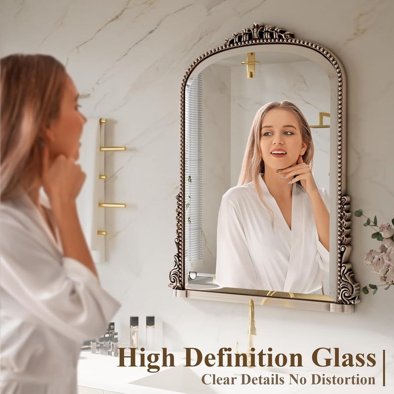 Gleamira 32"x 24" Antique Arched Bathroom Mirror Vanity Mirror Decor Wall Mirror, Antique Silver