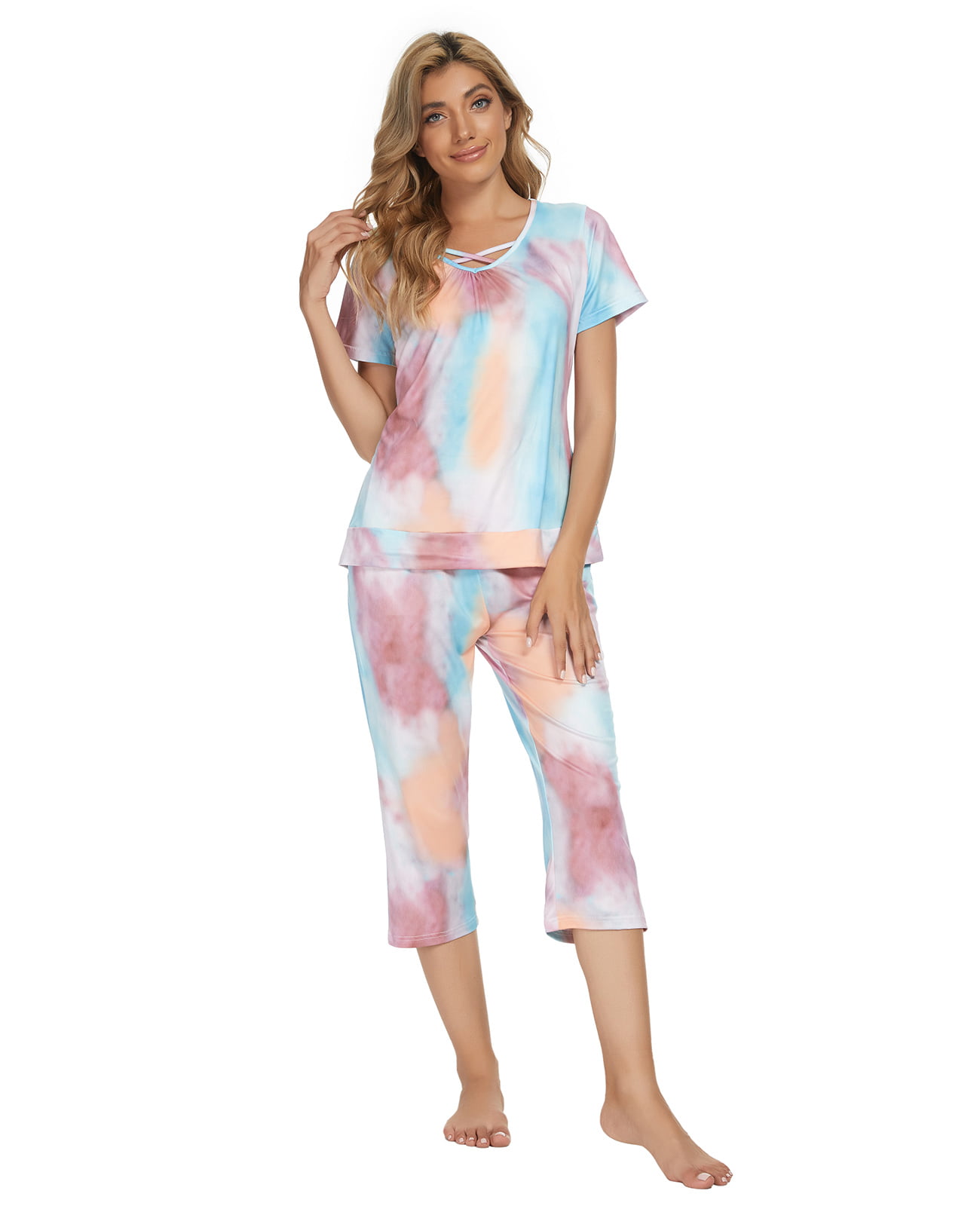 MINTLIMIT Womens Pajama Set Criss Cross V-Neck Short Sleeves Top with Capri Pants Sleepwear Soft Loungewear Pjs Sets with Pockets 