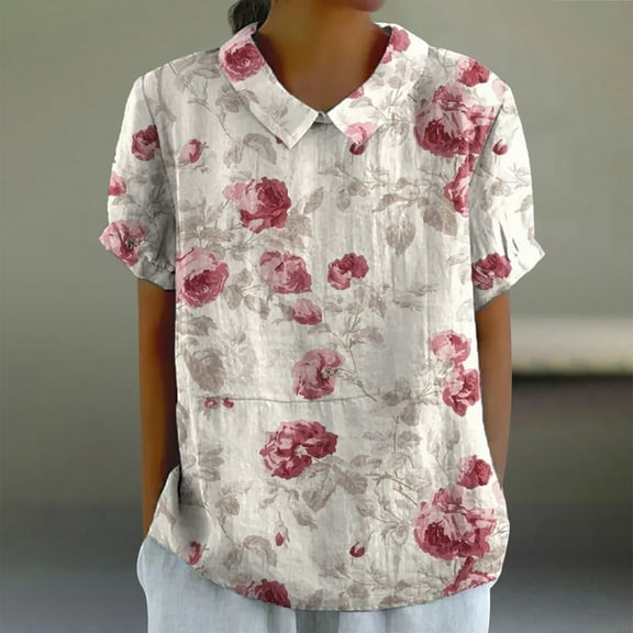 Womens Blouses Women's Linen Lapel Art Floral Round Neck Button Loose Pullover Top Casual Shirt T Shirt Blouses for Women Dressy Casual