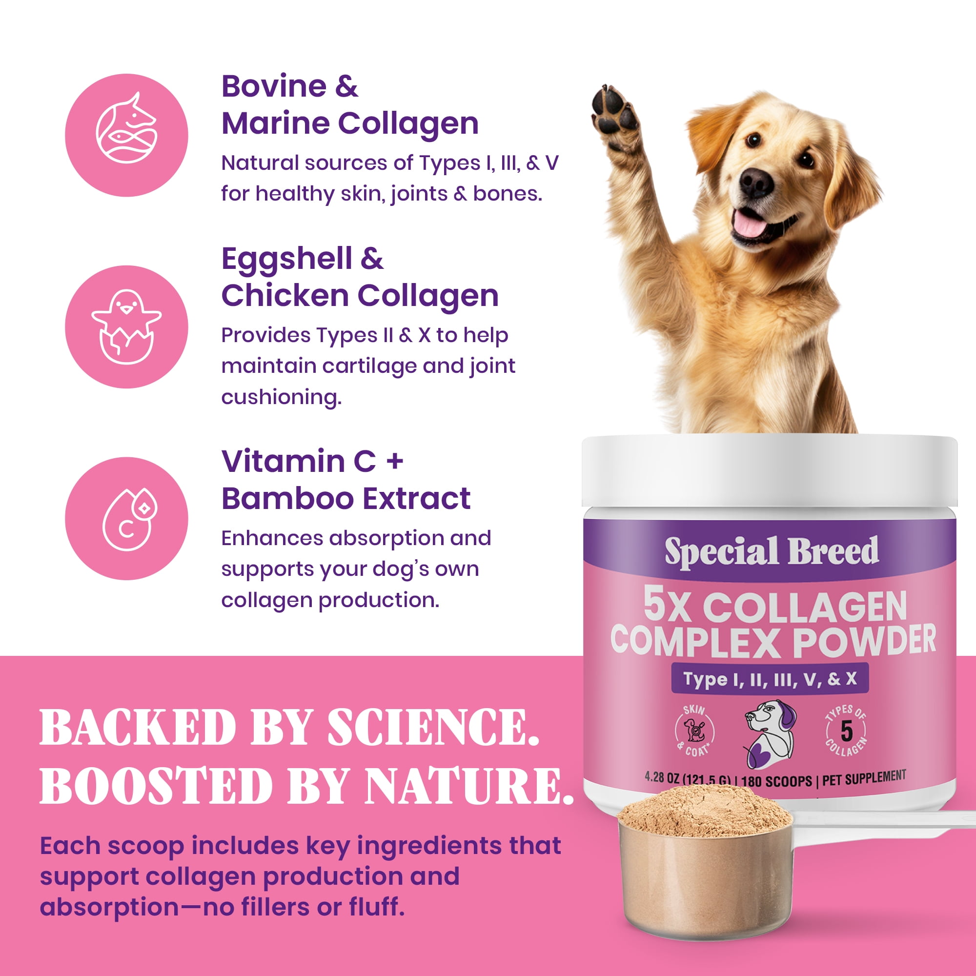 Premium 5X Collagen Powder for Dogs - Types I, II, III, V & X - Skin, Join, Gut & Coat Support - Collagen Powder with Bamboo & Vitamin C, 180 Scoops 4.28 oz